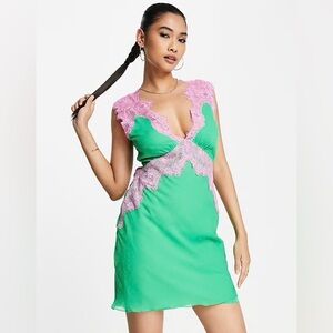 ASOS DESIGN soft slip mini dress lace and tie back detail in green and pink
